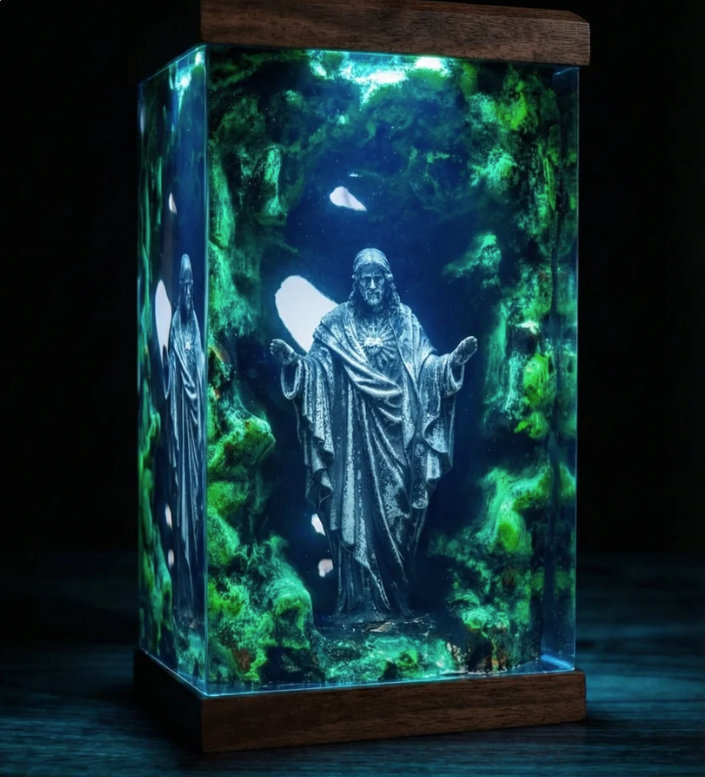 Resin Lamp — Light of Life, Robed Figure with Outstretched Arms in a Green Moss Cave, Wood Base - view 1
