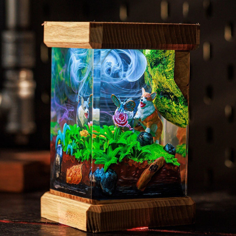 Corgi resin lamp with two corgis and flowers in a wood frame