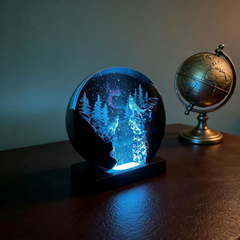 Howling wolves round resin lamp glowing blue beside a globe