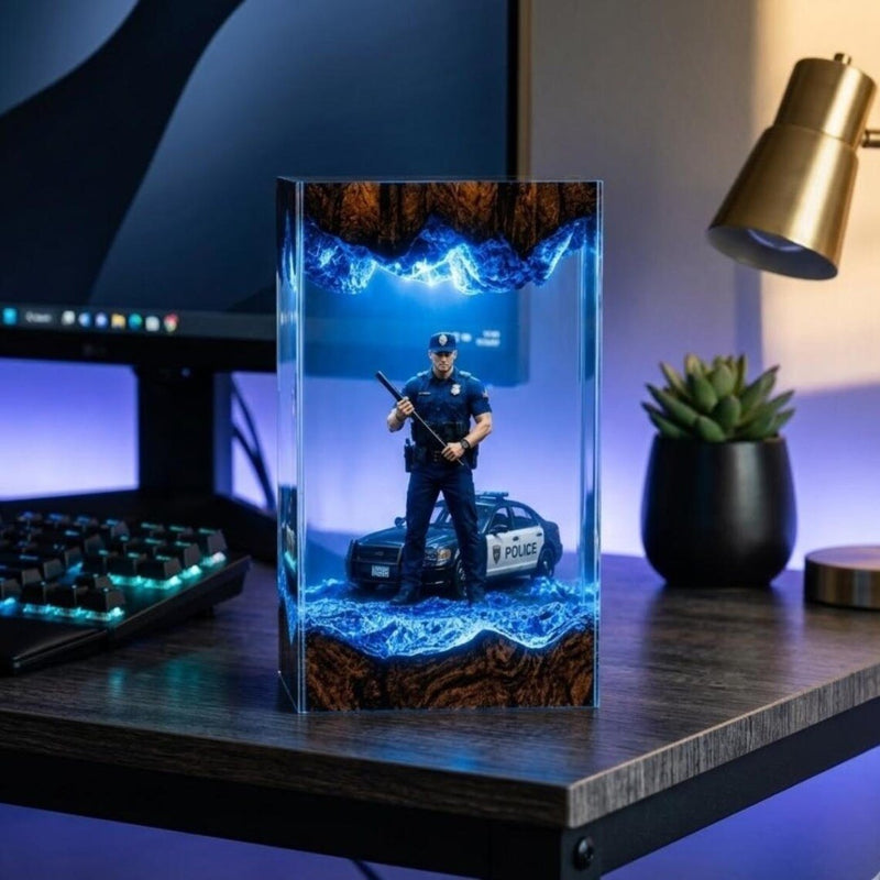 Police officer resin lamp block glowing blue on a desk