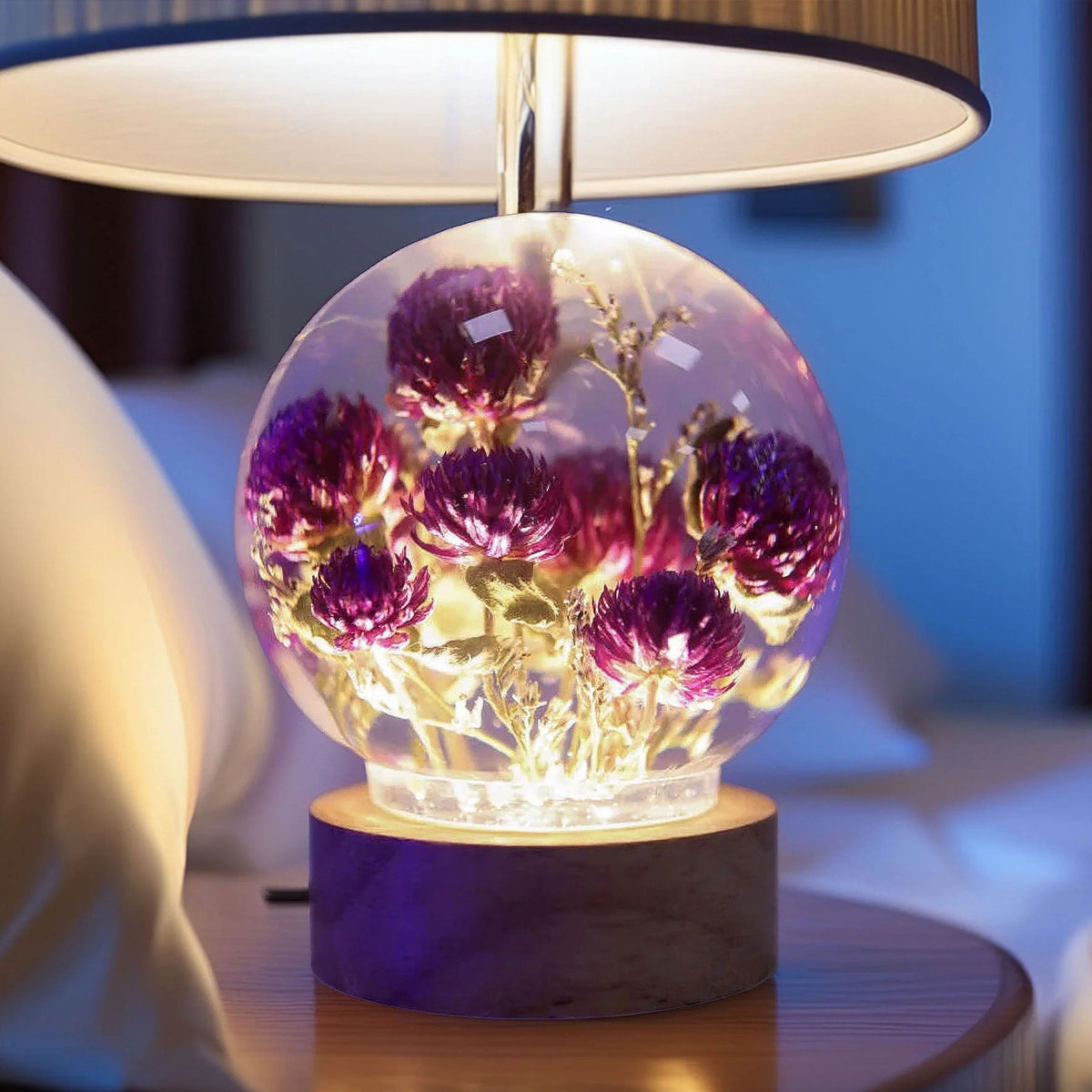 Resin Lamp — Purple Globe Amaranth Blooms Sealed in a Crystal-Clear Sphere, Epoxy Resin Art Lamp - view 2