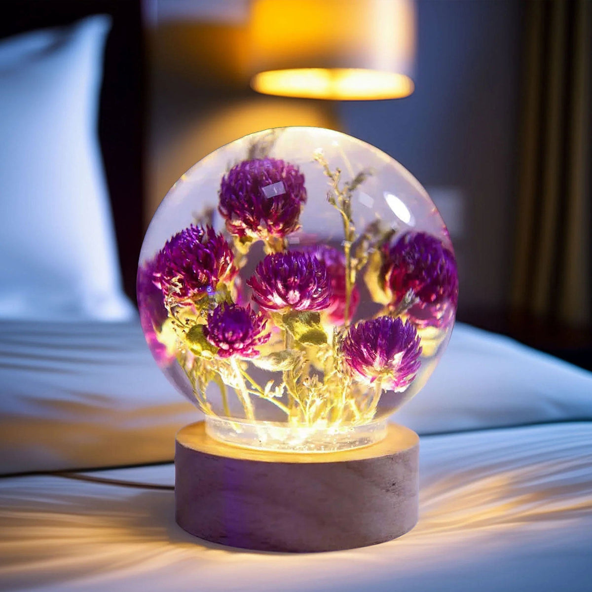 Resin Lamp — Purple Globe Amaranth Blooms Sealed in a Crystal-Clear Sphere, Epoxy Resin Art Lamp - view 4