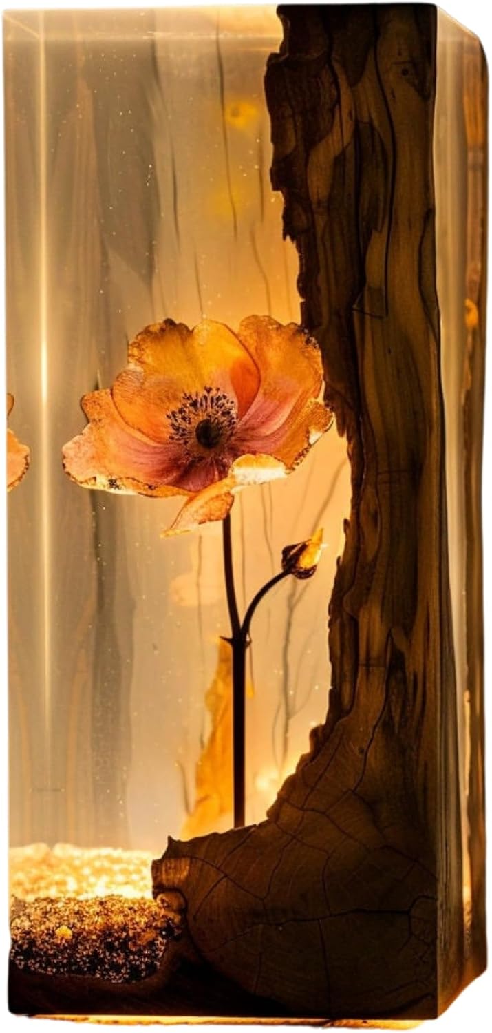 Epoxy Resin Lamp — Peach Flower beside a Natural Wood Slab, Rustic Resin Wood Tower - view 2