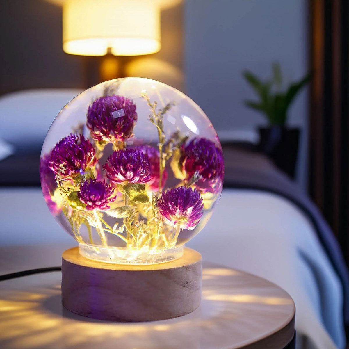 Resin Lamp — Purple Globe Amaranth Blooms Sealed in a Crystal-Clear Sphere, Epoxy Resin Art Lamp - view 6