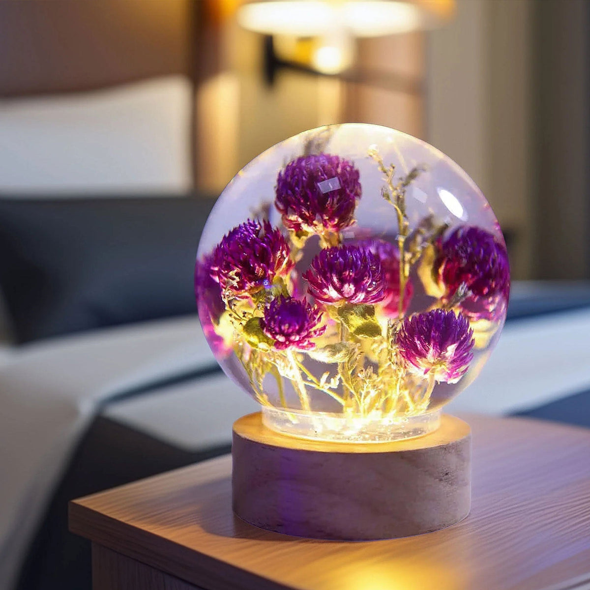 Resin Lamp — Purple Globe Amaranth Blooms Sealed in a Crystal-Clear Sphere, Epoxy Resin Art Lamp - view 7