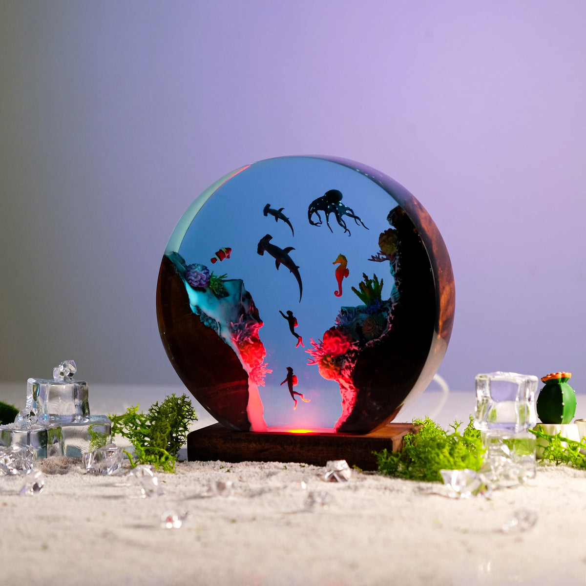 Shark Resin Lamp — Hammerheads, Octopus, Seahorse & Divers in a Round Disc with Wood Edges - view 3