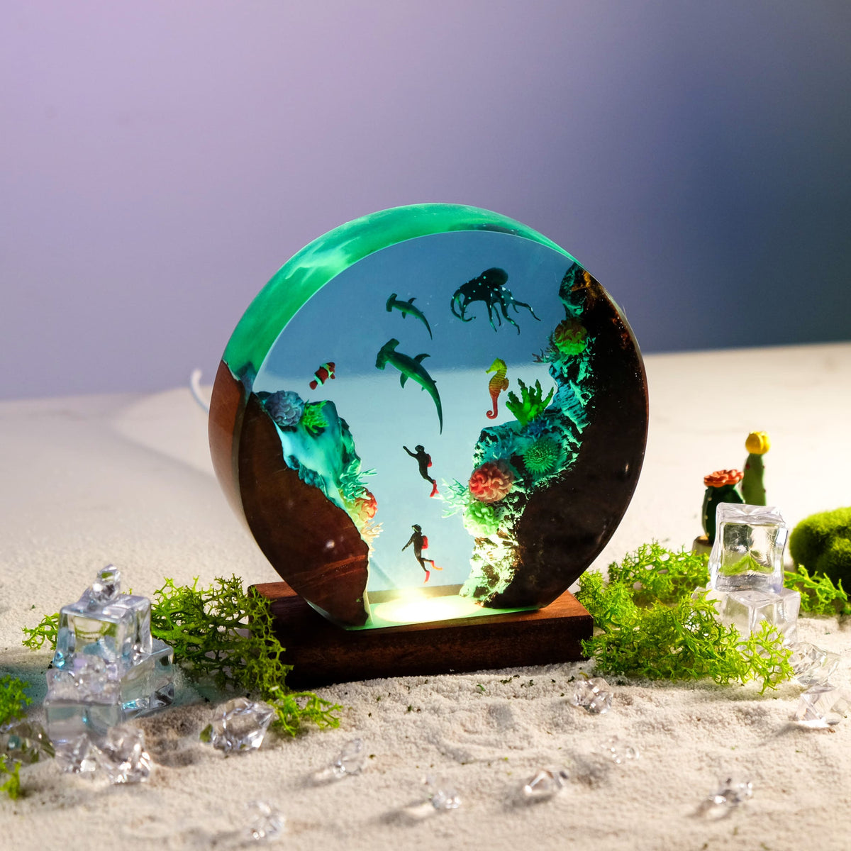 Shark Resin Lamp — Hammerheads, Octopus, Seahorse & Divers in a Round Disc with Wood Edges - view 1