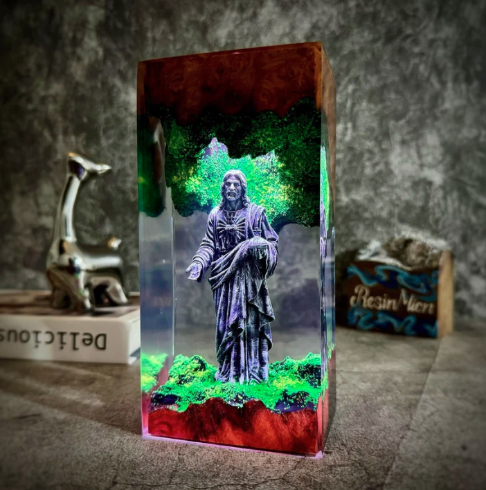 Resin Lamp — Garden of Light, Robed Figure Holding an Orb in Green Moss and Red Wood - view 2