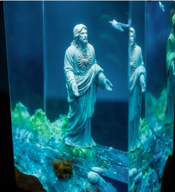 Resin Ocean Lamp — By the Sea, Robed Figure with Seagulls, Starfish and Shell, Wood Top - view 3