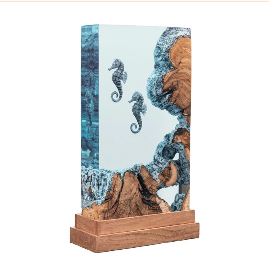Epoxy Resin Lamp — Two Seahorses in Deep Blue Water with Natural Wood Edge & Stepped Wood Base - view 2