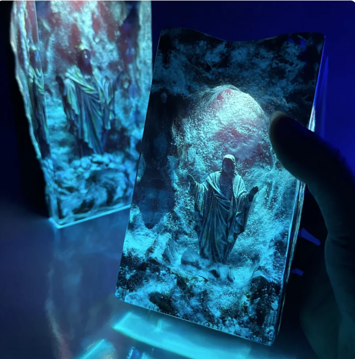 Epoxy Resin Lamp — Eternal Light, Robed Figure with Open Arms in a Glowing Blue Block - view 3