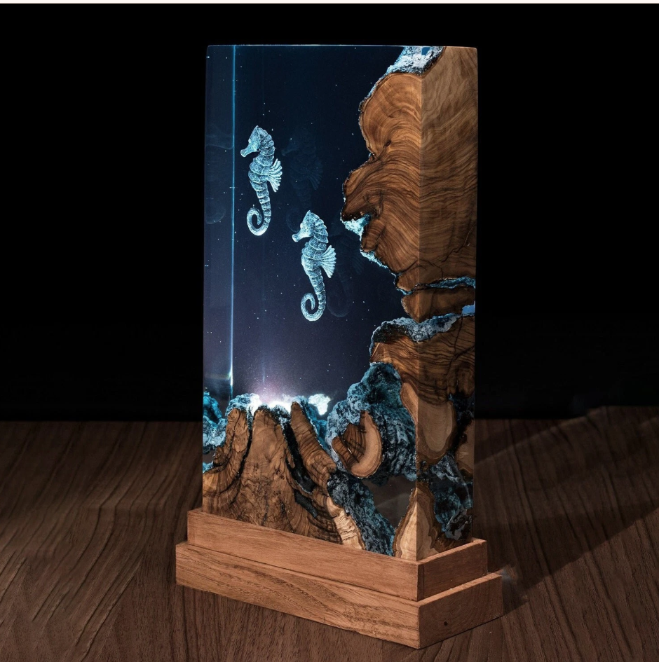 Epoxy Resin Lamp — Two Seahorses in Deep Blue Water with Natural Wood Edge & Stepped Wood Base - view 1