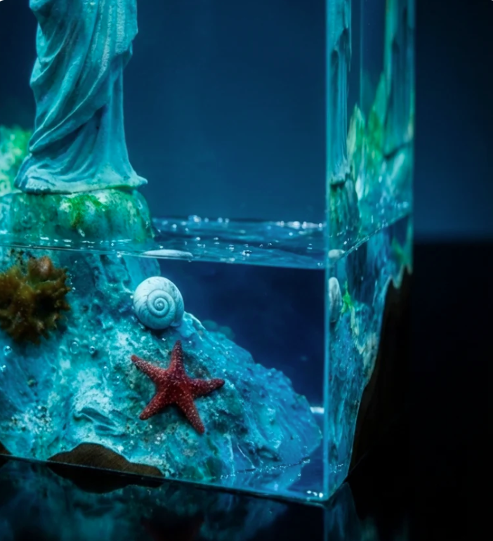 Resin Ocean Lamp — By the Sea, Robed Figure with Seagulls, Starfish and Shell, Wood Top - view 2