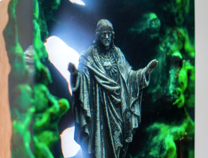Resin Lamp — Light of Life, Robed Figure with Outstretched Arms in a Green Moss Cave, Wood Base - view 2