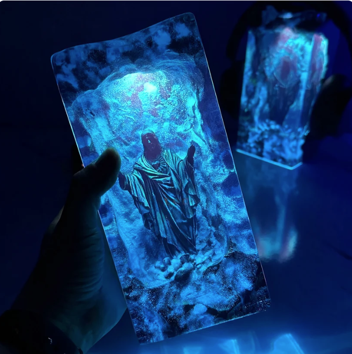 Epoxy Resin Lamp — Eternal Light, Robed Figure with Open Arms in a Glowing Blue Block - view 1