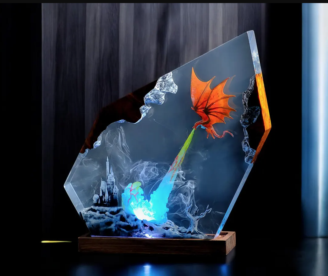 Dragon Resin Lamp — Orange Dragon Breathing a Blue Flame over a Castle, Faceted Epoxy on Wood Base - view 6