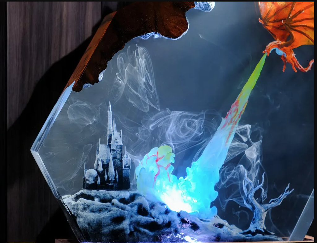 Dragon Resin Lamp — Orange Dragon Breathing a Blue Flame over a Castle, Faceted Epoxy on Wood Base - view 4