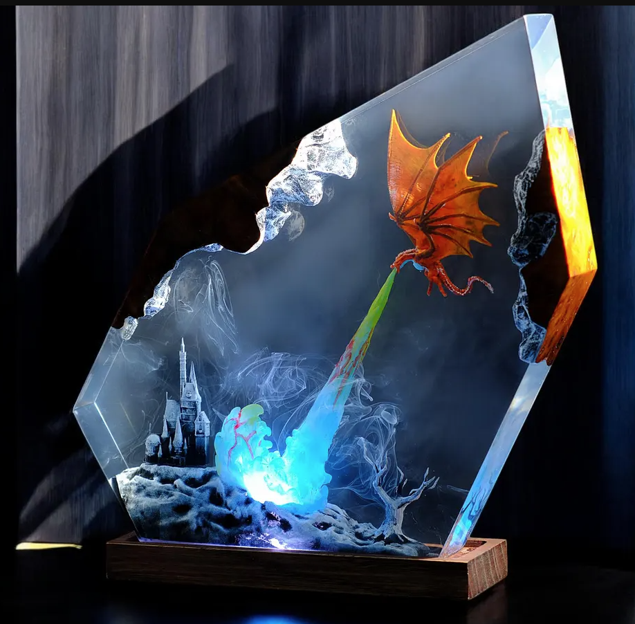 Dragon Resin Lamp — Orange Dragon Breathing a Blue Flame over a Castle, Faceted Epoxy on Wood Base - view 2