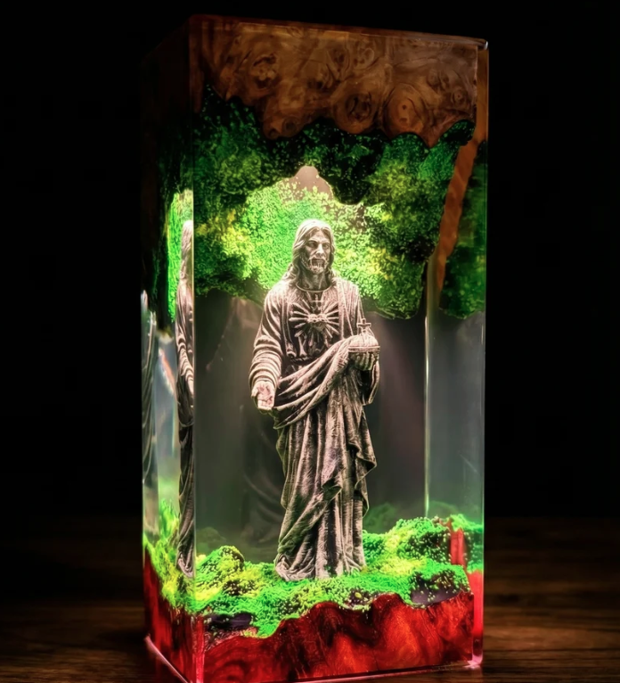 Resin Lamp — Garden of Light, Robed Figure Holding an Orb in Green Moss and Red Wood - view 3