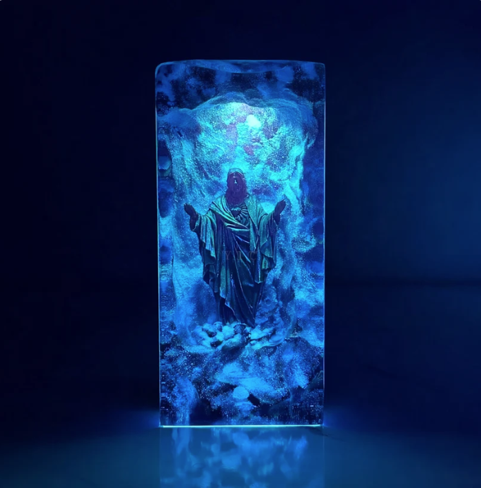 Epoxy Resin Lamp — Eternal Light, Robed Figure with Open Arms in a Glowing Blue Block - view 4