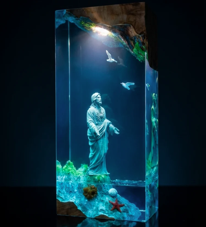 Resin Ocean Lamp — By the Sea, Robed Figure with Seagulls, Starfish and Shell, Wood Top - view 4