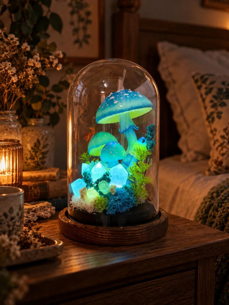 Blue mushroom glass dome lamp glowing on a nightstand