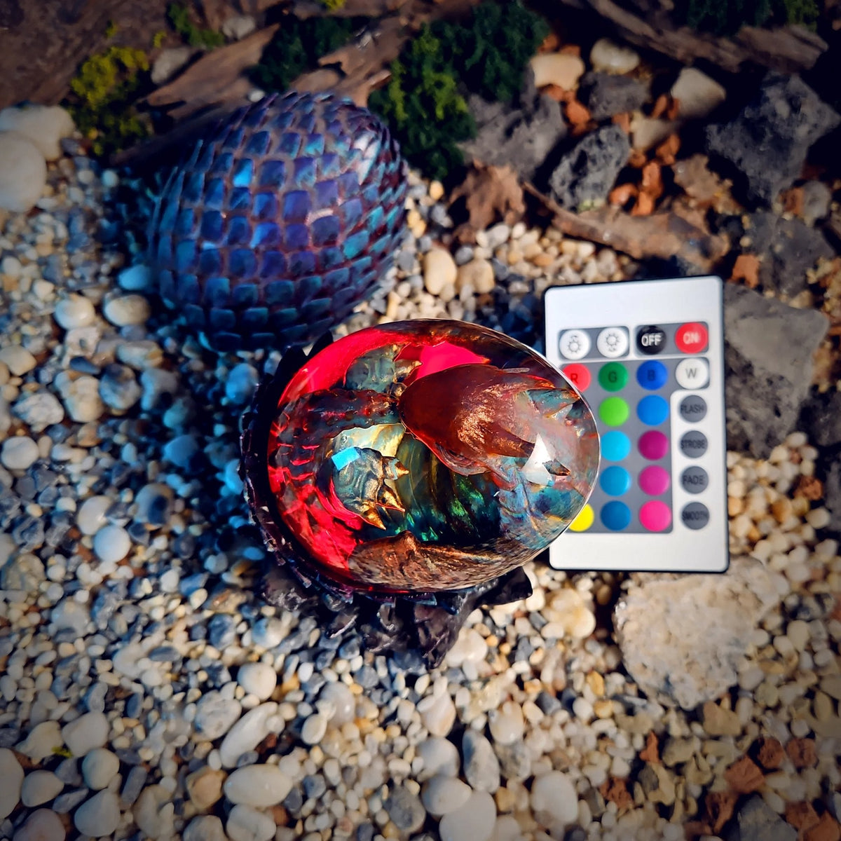 Top view of the bronze dragon egg lamp glowing red