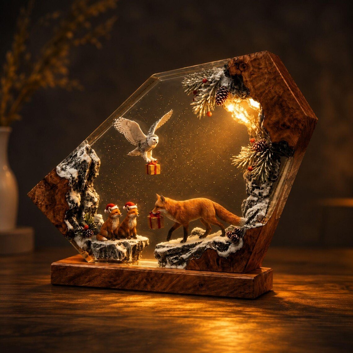 Christmas fox family resin lamp glowing warm amber