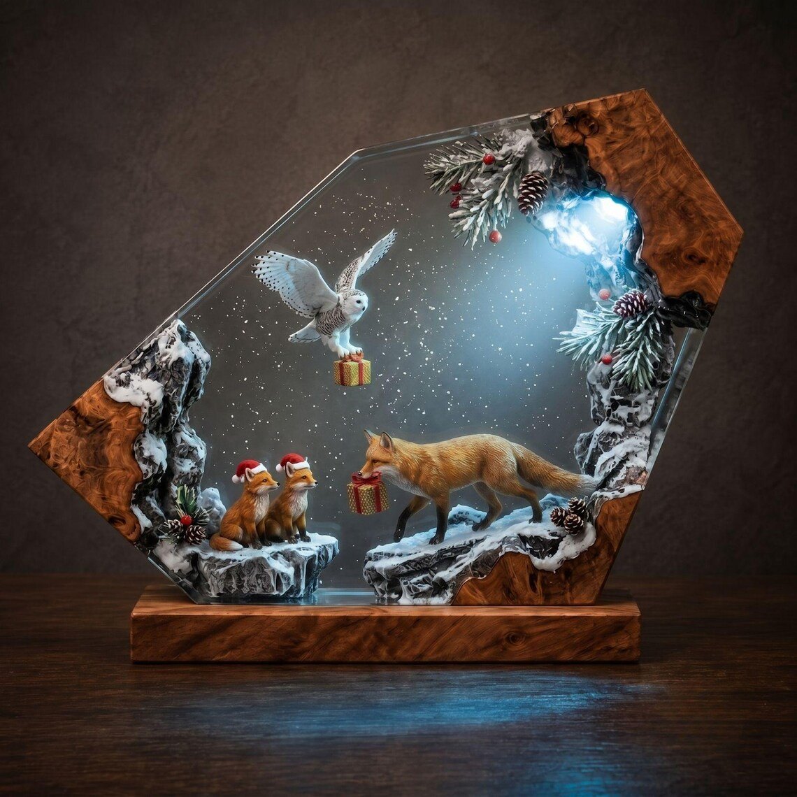 Fox and snowy owl Christmas resin lamp in blue light
