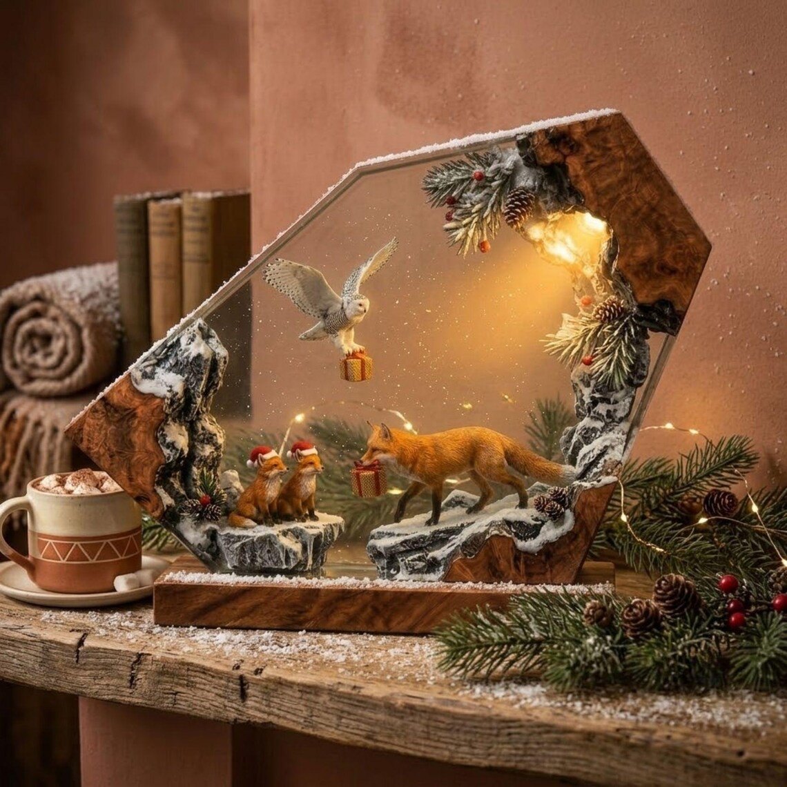 Christmas fox family resin lamp with pine and hot cocoa