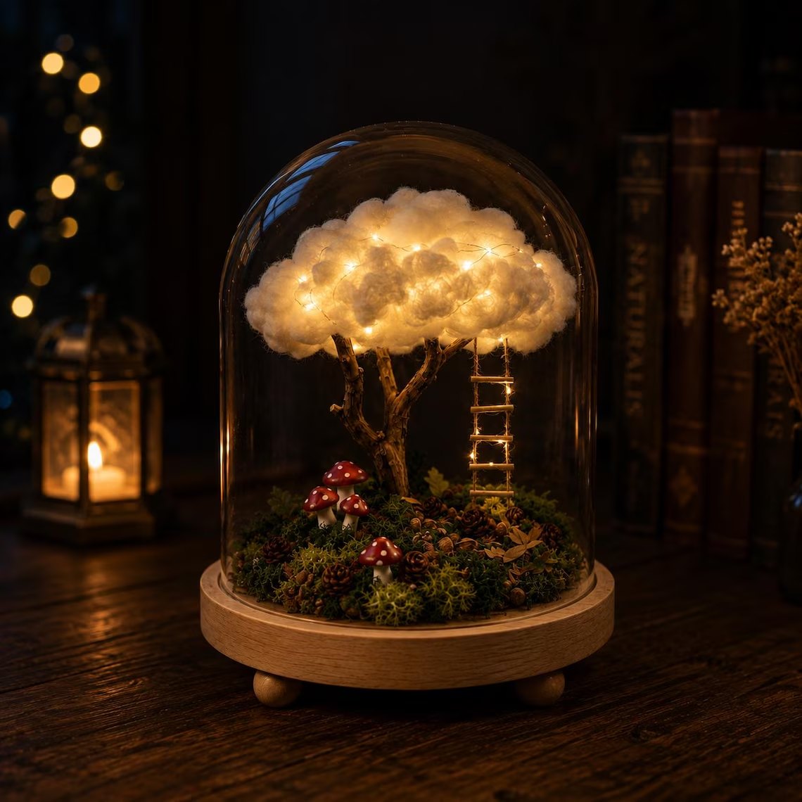 Cloud tree dome lamp glowing among books