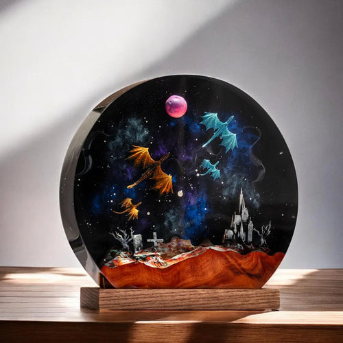Galaxy dragons round resin lamp, angled view