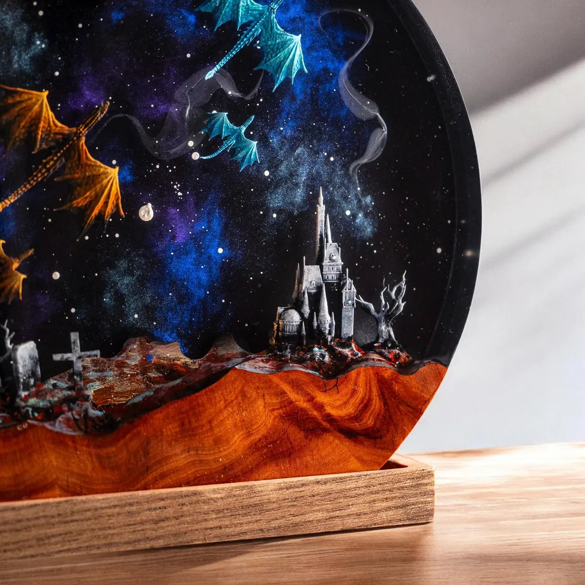 Detail of the dragons, castle spires and wood ground