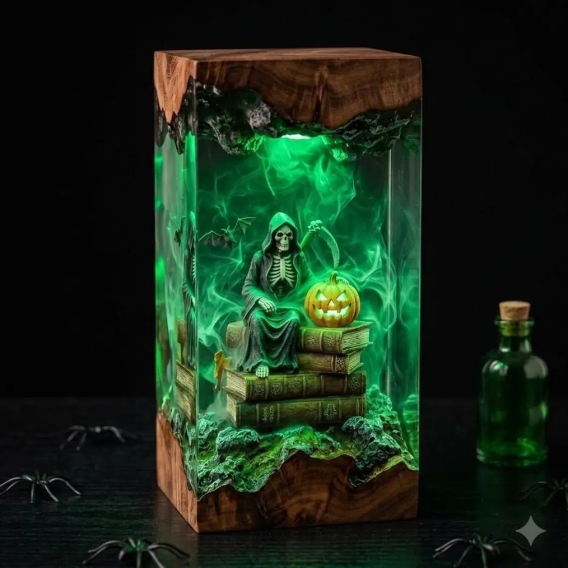 Grim reaper and jack-o'-lantern resin lamp glowing green