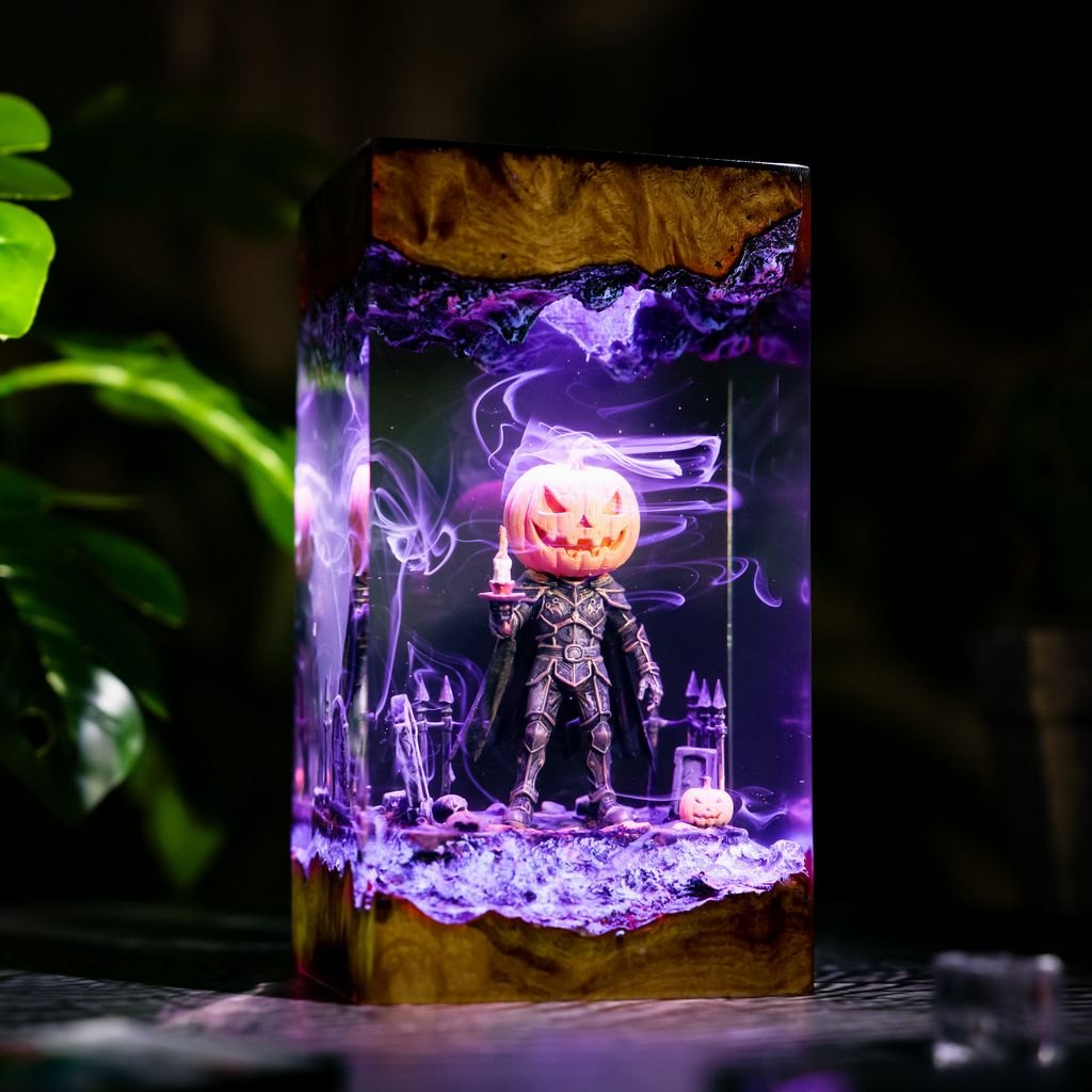 Pumpkin knight graveyard resin lamp glowing purple