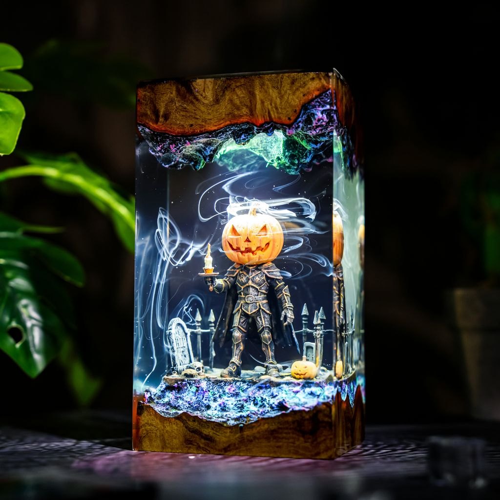 Pumpkin head knight resin lamp with smoke swirls