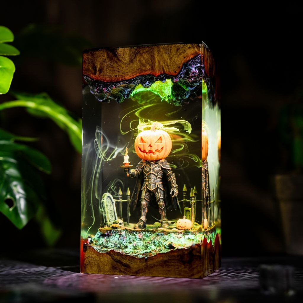 Pumpkin knight graveyard resin lamp in yellow-green light