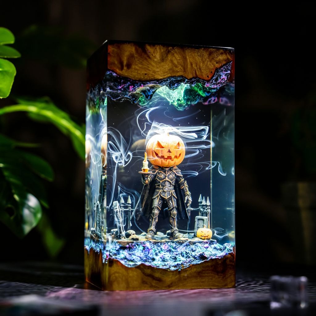 Pumpkin head knight Halloween resin lamp with tombstone