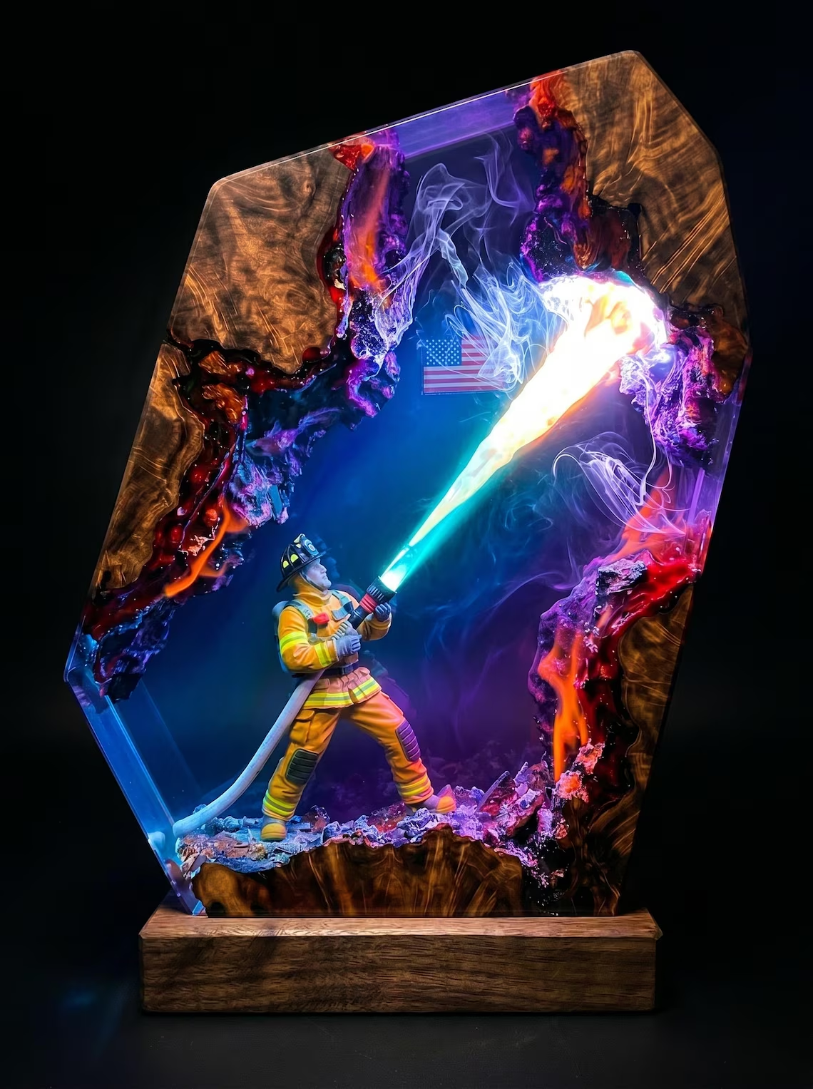 Resin Lamp — Firefighter with Hose, Hydrant and Flames, Epoxy Resin Art Lamp with Wood Base - view 3