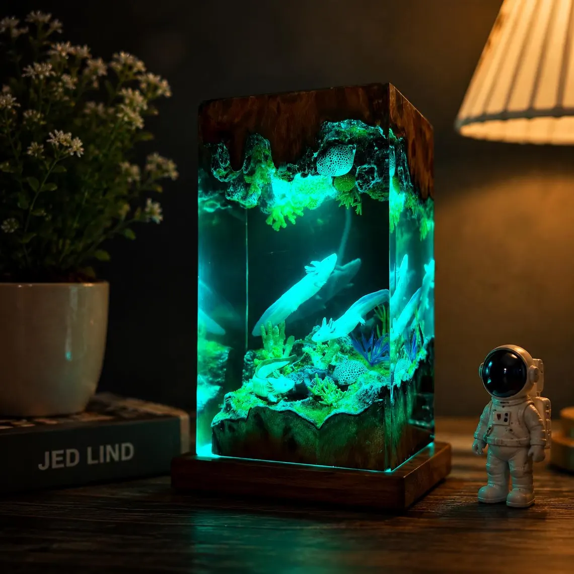 Axolotl Lamp — Pink & White Axolotls with Coral and Moss in Red Wood Epoxy Resin Block - view 4