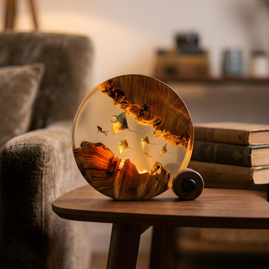 Resin Ocean Lamp — Manta Rays & Scuba Diver in a Round Disc with Natural Wood Edges - view 4