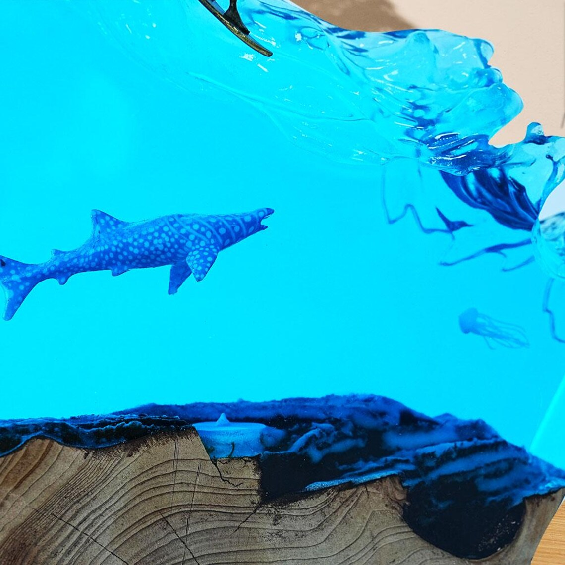 Resin Ocean Lamp — Surfer Riding a Giant Wave with Whale Shark & Jellyfish on Natural Wood - view 4
