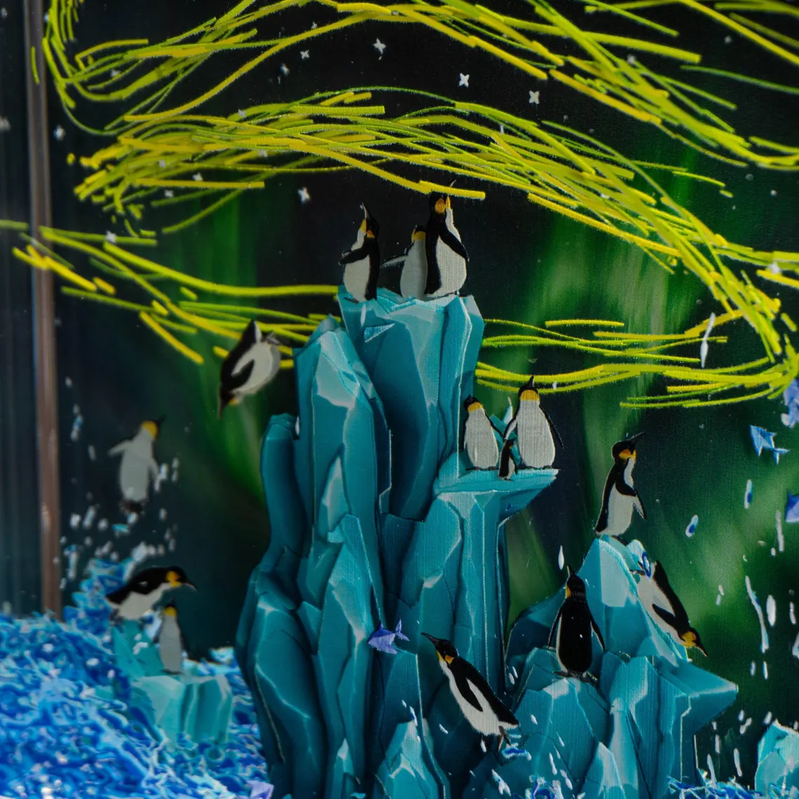 Epoxy Lamp — Penguin Colony on Blue Ice Peaks under a Green Aurora, Epoxy Resin Art Lamp - view 3