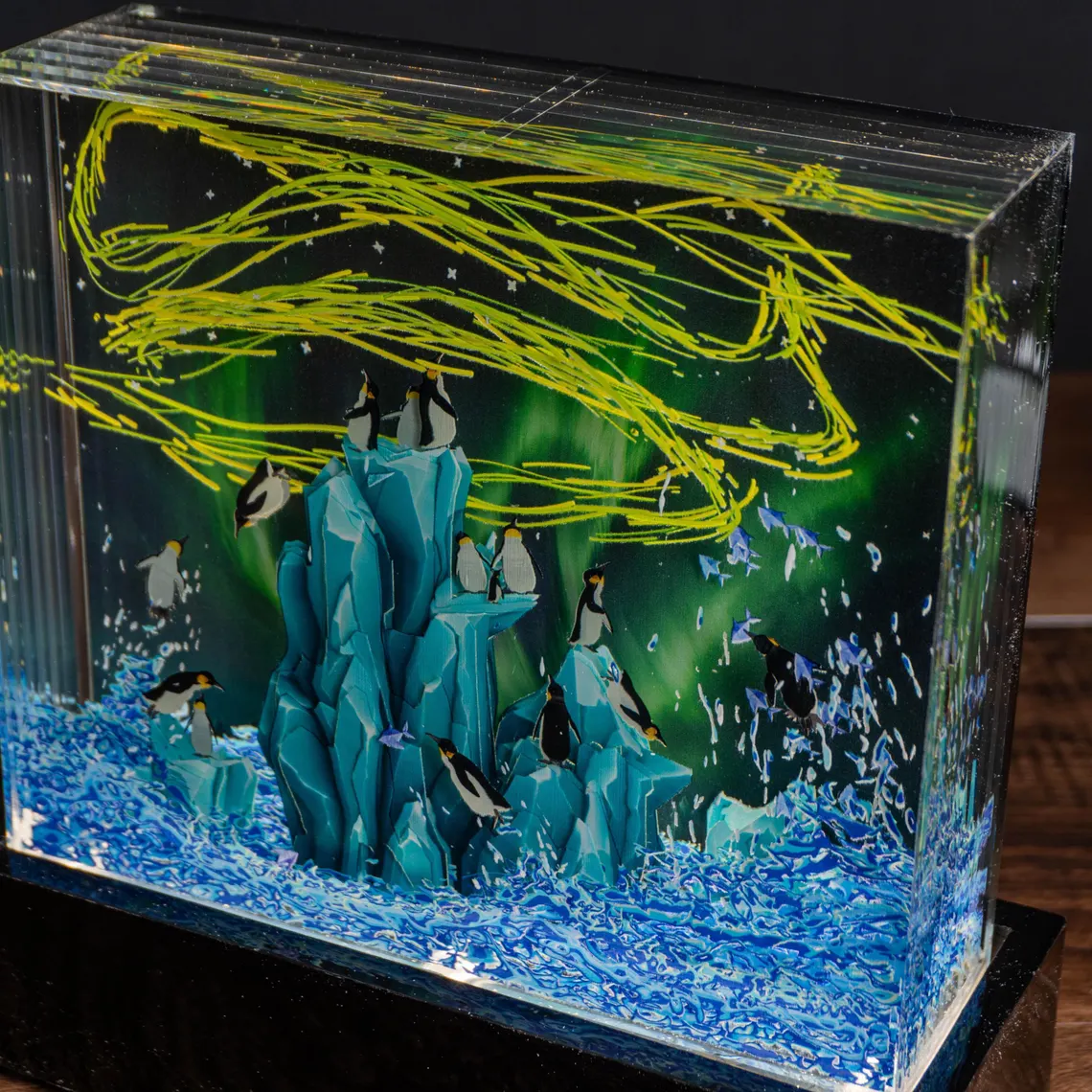 Epoxy Lamp — Penguin Colony on Blue Ice Peaks under a Green Aurora, Epoxy Resin Art Lamp - view 4