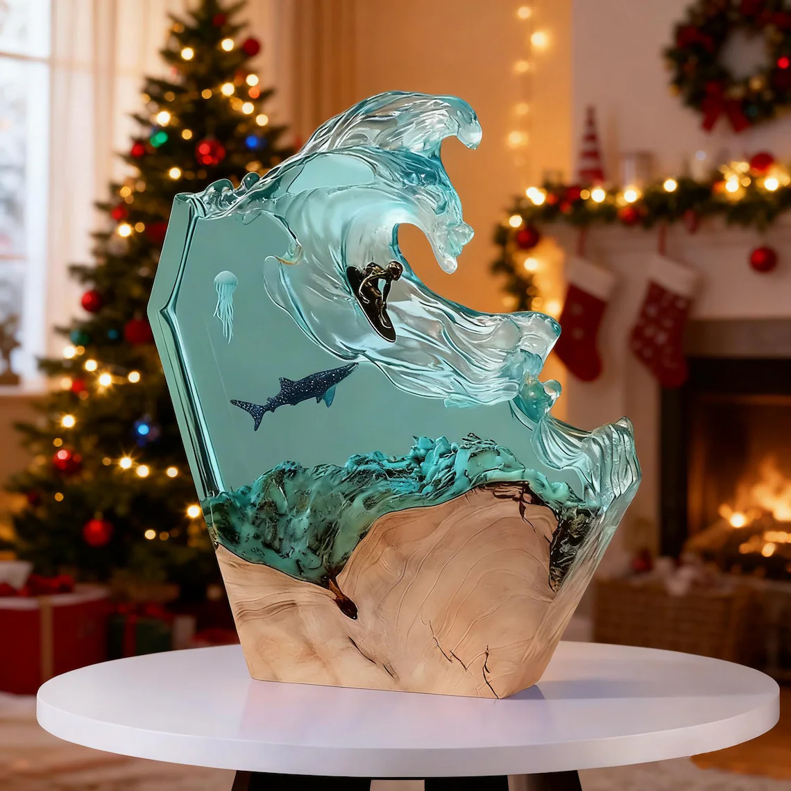 Resin Ocean Lamp — Surfer Riding a Giant Wave with Whale Shark & Jellyfish on Natural Wood - view 3