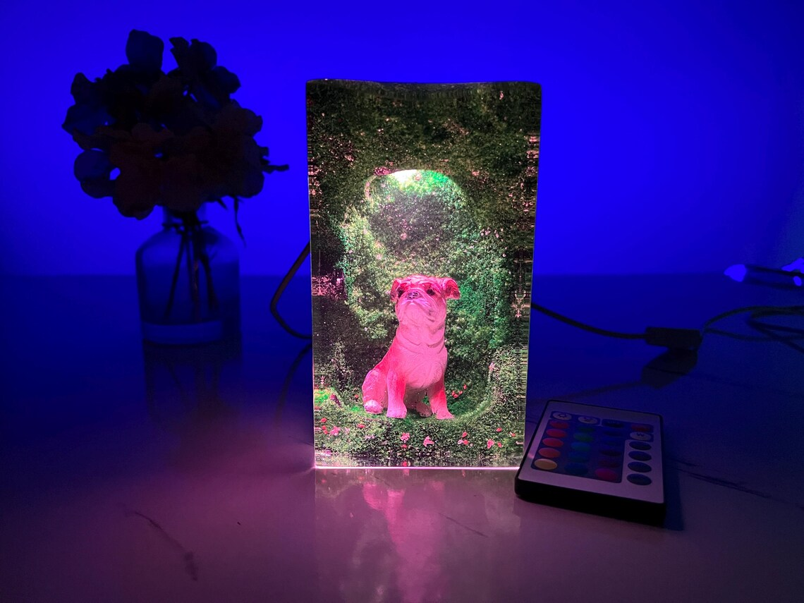Epoxy Resin Lamp — Pug in a Glowing Green Moss Arch, Color-Changing Resin Art Lamp - view 2