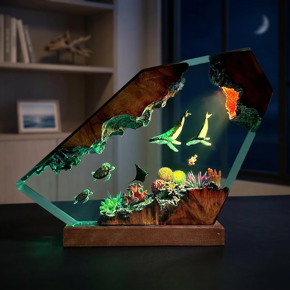 Ocean Lamp — Two Whales, Sea Turtles & Coral Reef in Epoxy Resin with Wood Edges and Base - view 2
