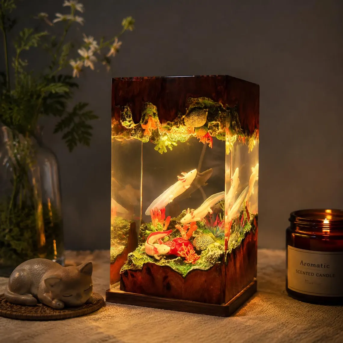 Axolotl Lamp — Pink & White Axolotls with Coral and Moss in Red Wood Epoxy Resin Block - view 3