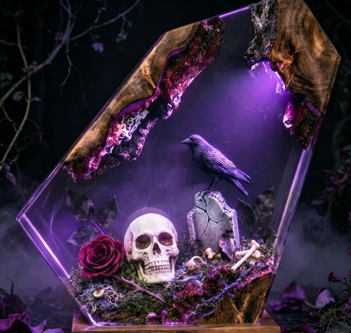 Epoxy Resin Lamp — Skull, Raven and Red Rose Graveyard, Halloween Resin Art Lamp with Wood Base - view 2