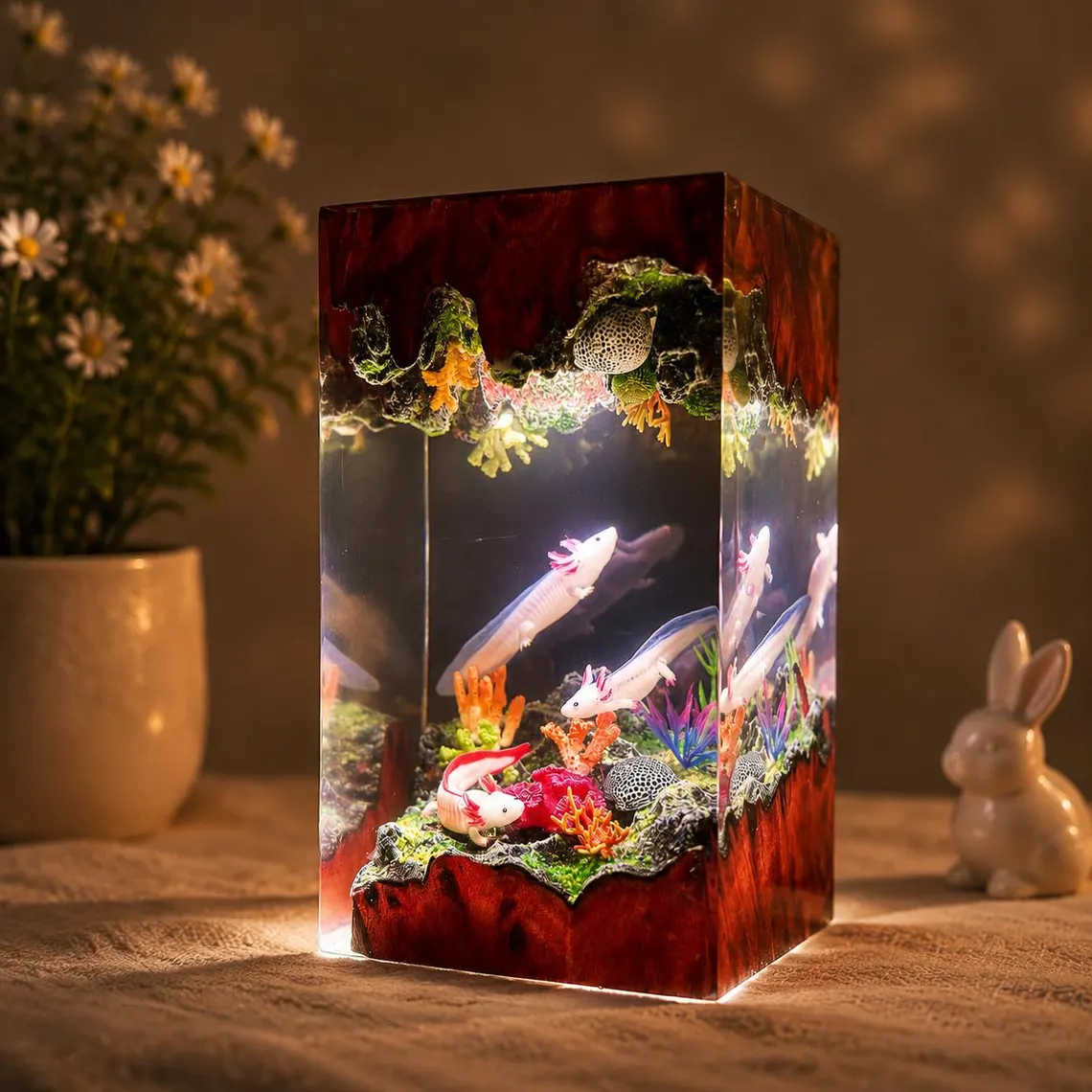Axolotl Lamp — Pink & White Axolotls with Coral and Moss in Red Wood Epoxy Resin Block - view 2